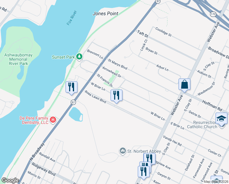 map of restaurants, bars, coffee shops, grocery stores, and more near 410 West Briar Lane in Green Bay