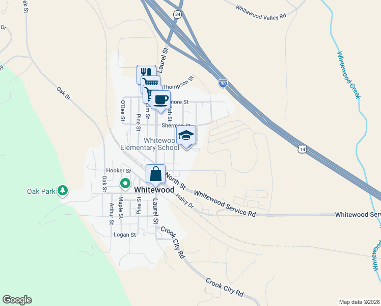 map of restaurants, bars, coffee shops, grocery stores, and more near 601 Garfield St in Whitewood