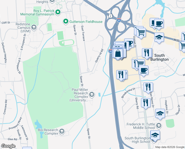 map of restaurants, bars, coffee shops, grocery stores, and more near 38 Quarry Hill Road in South Burlington