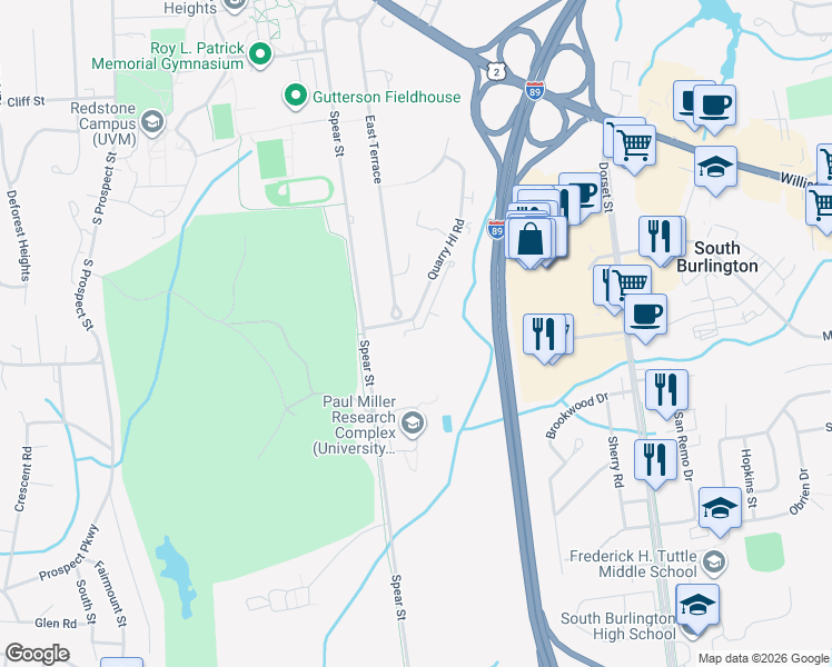 map of restaurants, bars, coffee shops, grocery stores, and more near 38 Quarry Hill Road in South Burlington
