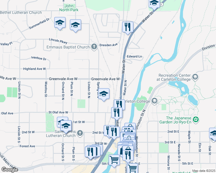 map of restaurants, bars, coffee shops, grocery stores, and more near 310 Spring Street South in Northfield