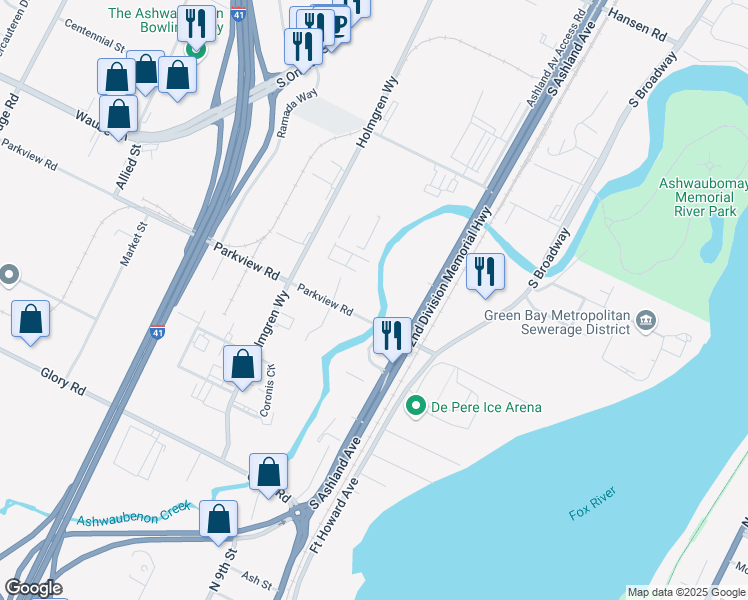 map of restaurants, bars, coffee shops, grocery stores, and more near 696 Parkview Road in Ashwaubenon