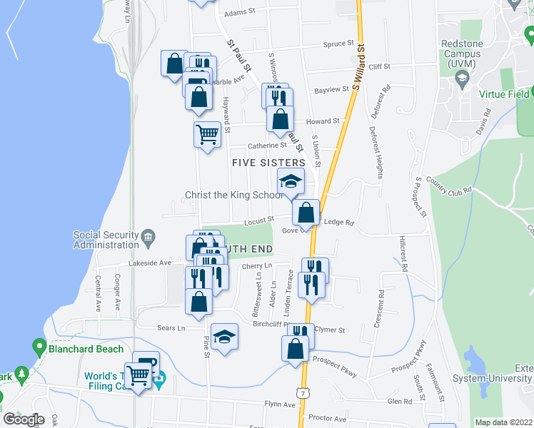 map of restaurants, bars, coffee shops, grocery stores, and more near 106 Locust Street in Burlington