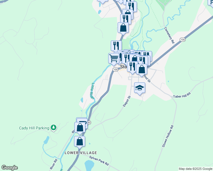 map of restaurants, bars, coffee shops, grocery stores, and more near 246 South Main Street in Stowe