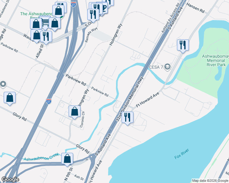 map of restaurants, bars, coffee shops, grocery stores, and more near 696 Parkview Road in Ashwaubenon