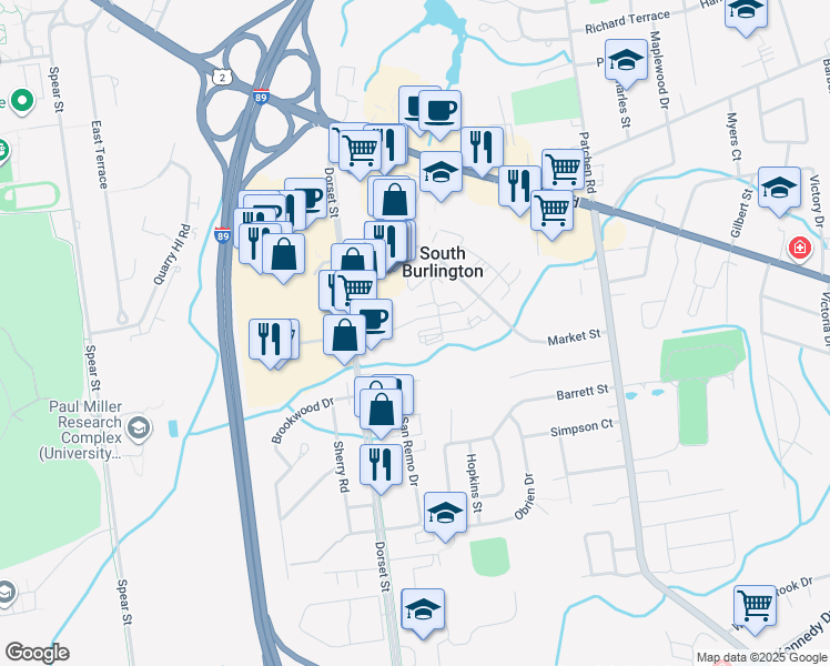 map of restaurants, bars, coffee shops, grocery stores, and more near 112 Garden Street in South Burlington