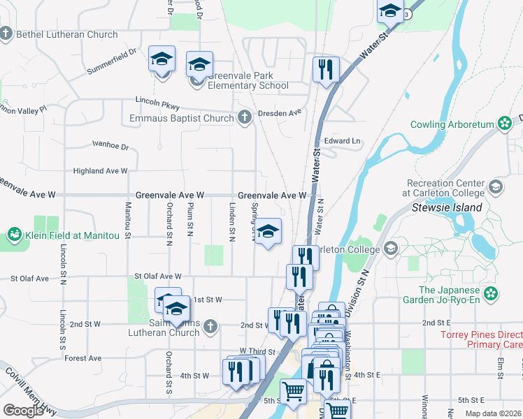 map of restaurants, bars, coffee shops, grocery stores, and more near 408 Spring Street North in Northfield