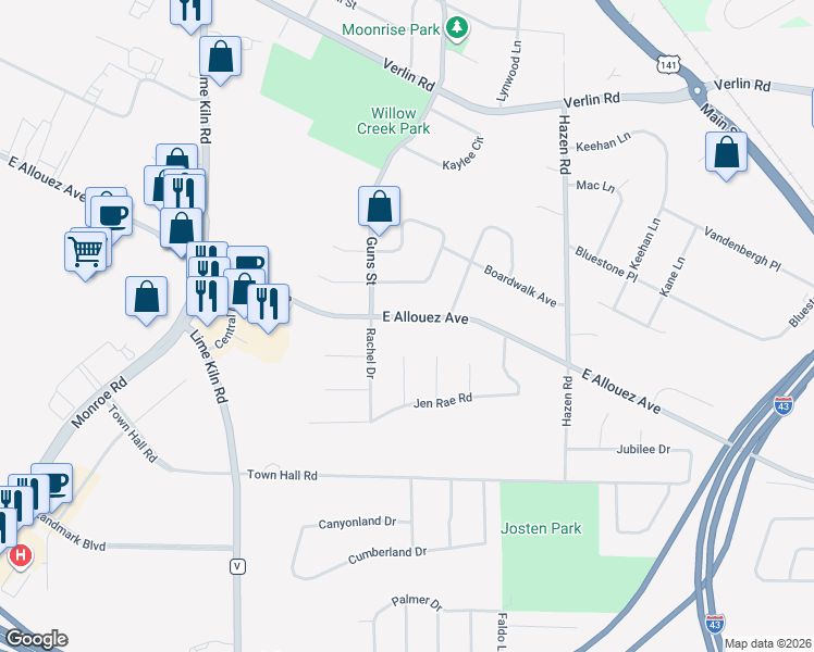 map of restaurants, bars, coffee shops, grocery stores, and more near 2106 Rose Francis Court in Green Bay