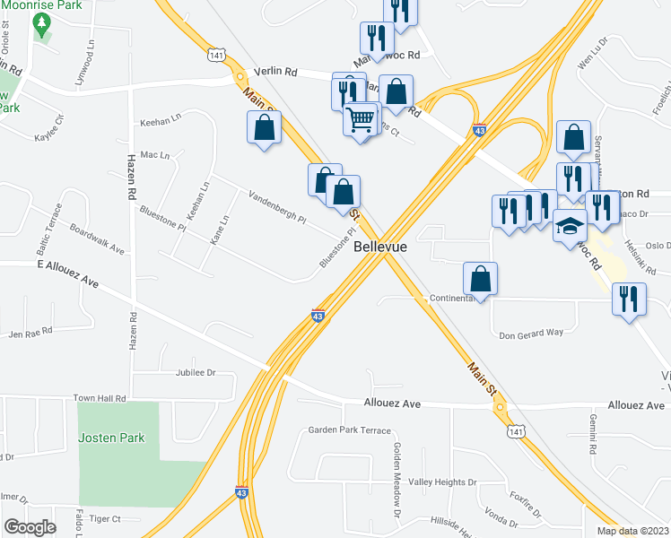 map of restaurants, bars, coffee shops, grocery stores, and more near 2490 Bluestone Place in Green Bay