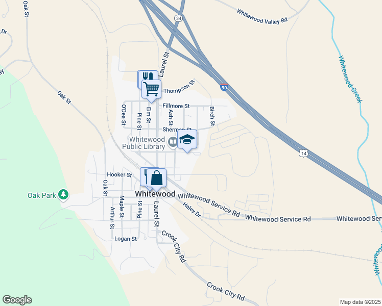 map of restaurants, bars, coffee shops, grocery stores, and more near 603 Garfield Street in Whitewood
