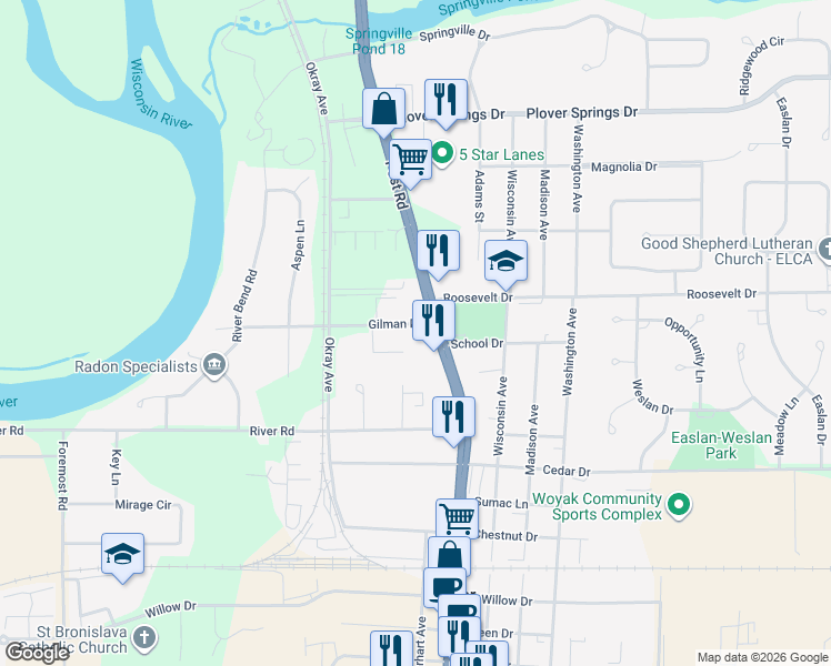 map of restaurants, bars, coffee shops, grocery stores, and more near 2838 New Freedom Drive in Plover