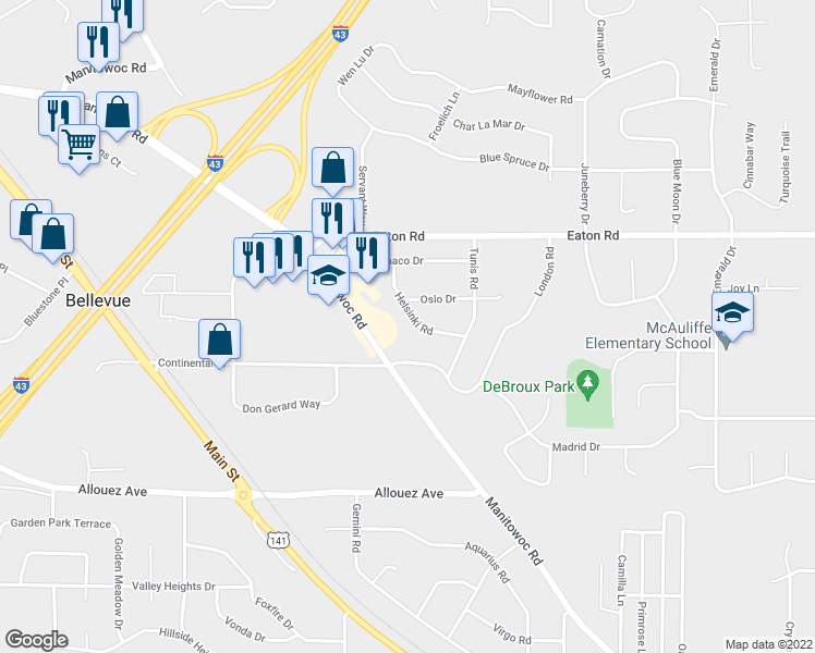 map of restaurants, bars, coffee shops, grocery stores, and more near 2778 Helsinki Road in Green Bay