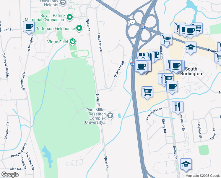 map of restaurants, bars, coffee shops, grocery stores, and more near 38 Quarry Hill Road in South Burlington