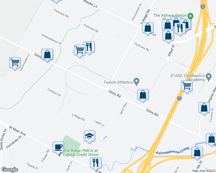 map of restaurants, bars, coffee shops, grocery stores, and more near South Ridge Road in Ashwaubenon