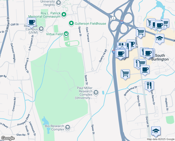 map of restaurants, bars, coffee shops, grocery stores, and more near 699 Spear Street in South Burlington