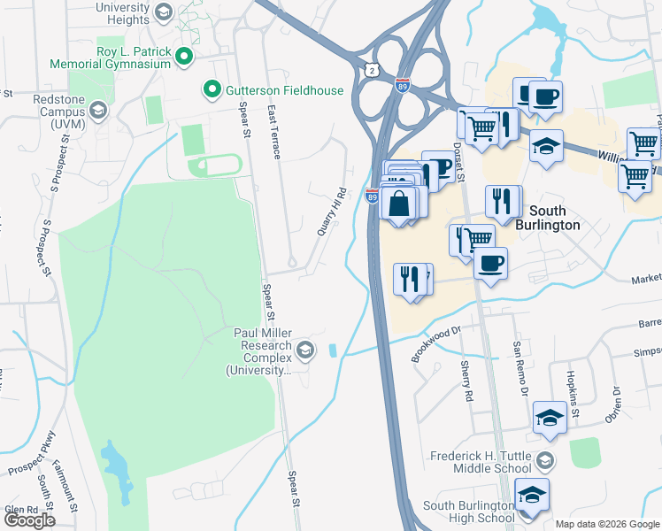 map of restaurants, bars, coffee shops, grocery stores, and more near 152 Quarry Hill Road in South Burlington