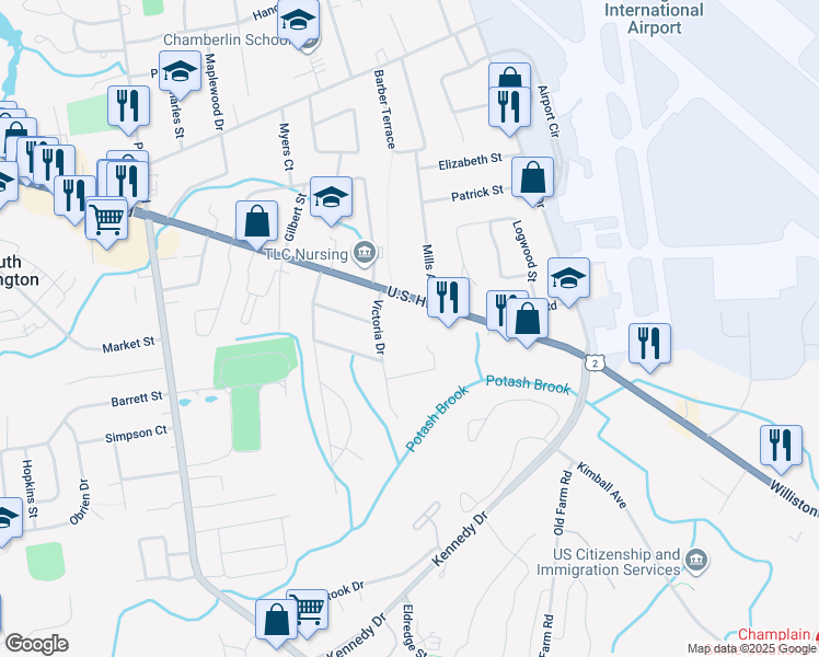 map of restaurants, bars, coffee shops, grocery stores, and more near 1594 Williston Road in South Burlington