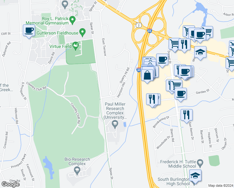 map of restaurants, bars, coffee shops, grocery stores, and more near 152 Quarry Hill Road in South Burlington