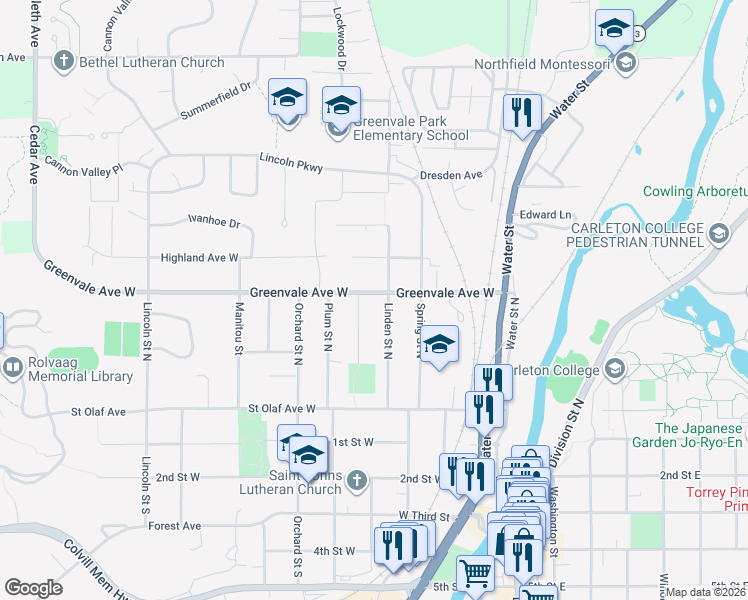 map of restaurants, bars, coffee shops, grocery stores, and more near 406 Greenvale Avenue West in Northfield