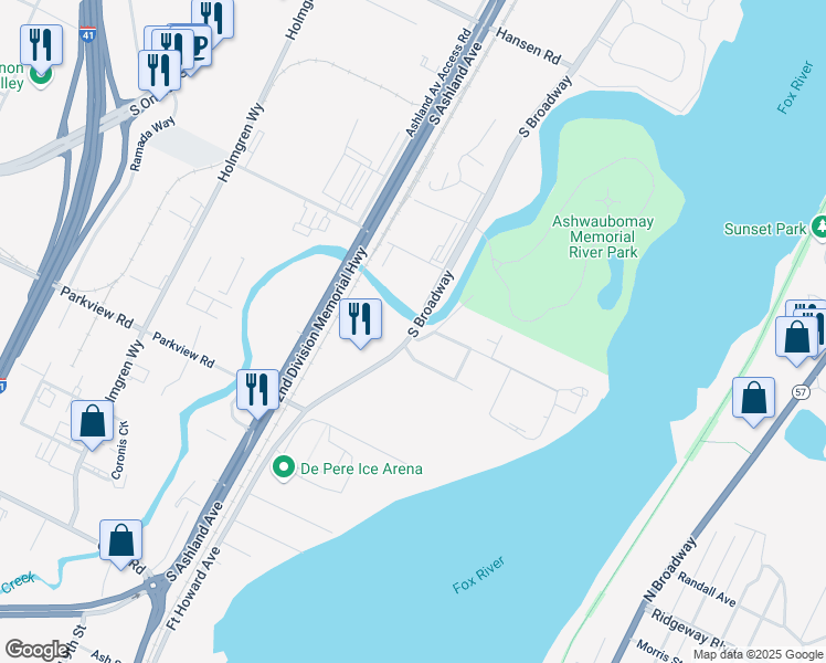map of restaurants, bars, coffee shops, grocery stores, and more near 2951 South Broadway in Ashwaubenon