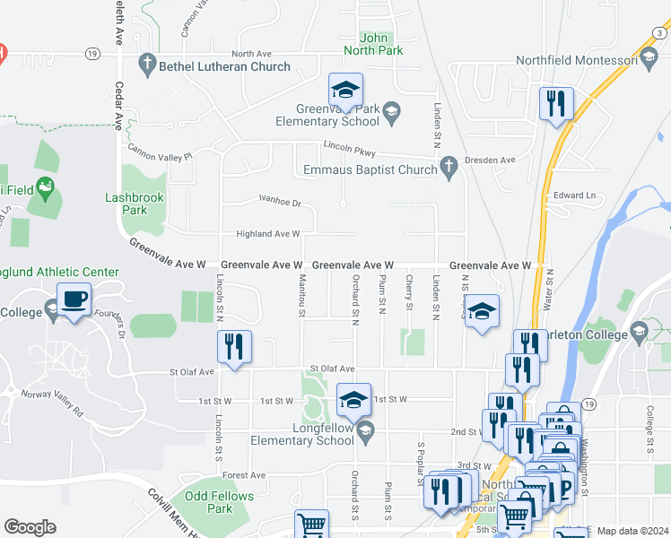 map of restaurants, bars, coffee shops, grocery stores, and more near 414 Oxford Street in Northfield