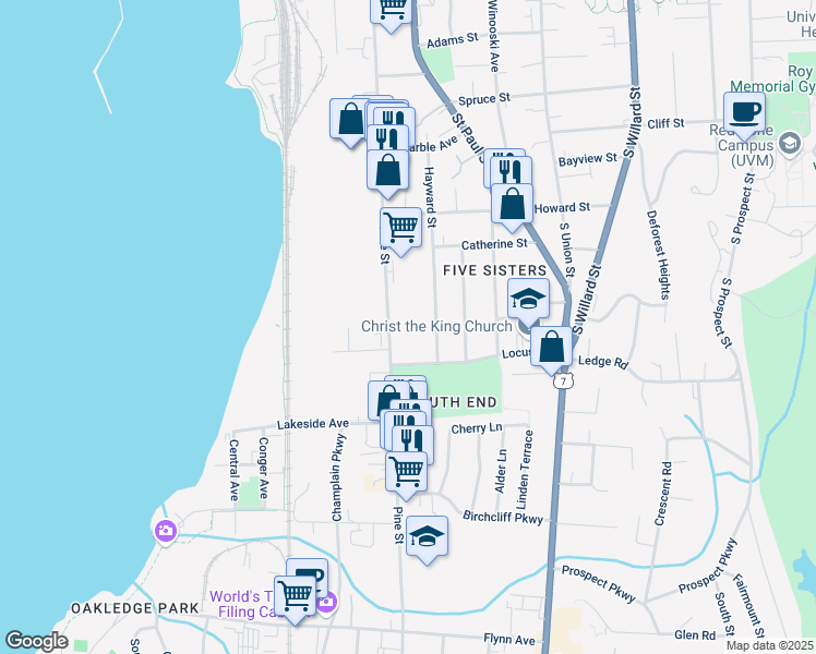 map of restaurants, bars, coffee shops, grocery stores, and more near 159 Locust Terrace in Burlington