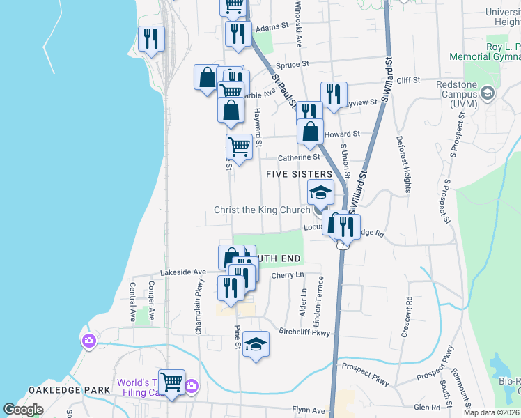 map of restaurants, bars, coffee shops, grocery stores, and more near 159 Locust Terrace in Burlington