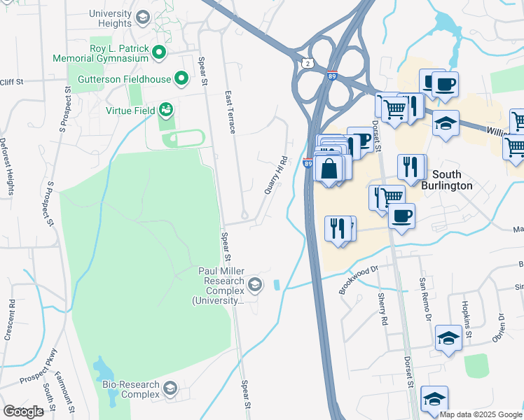 map of restaurants, bars, coffee shops, grocery stores, and more near 152 Quarry Hill Road in South Burlington