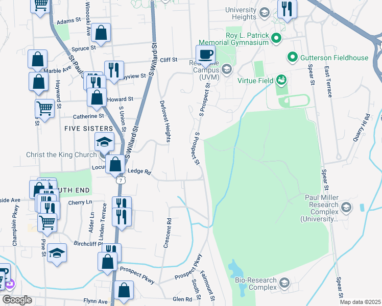 map of restaurants, bars, coffee shops, grocery stores, and more near 587 South Prospect Street in Burlington