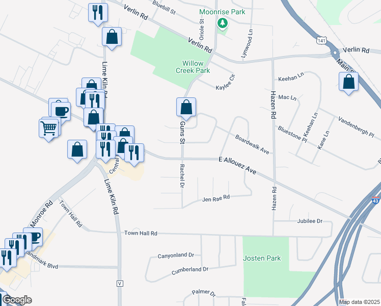map of restaurants, bars, coffee shops, grocery stores, and more near 2164 Sunnymede Lane in Green Bay
