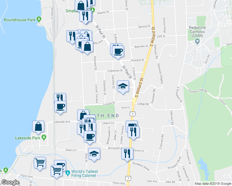 map of restaurants, bars, coffee shops, grocery stores, and more near 110 Caroline Street in Burlington