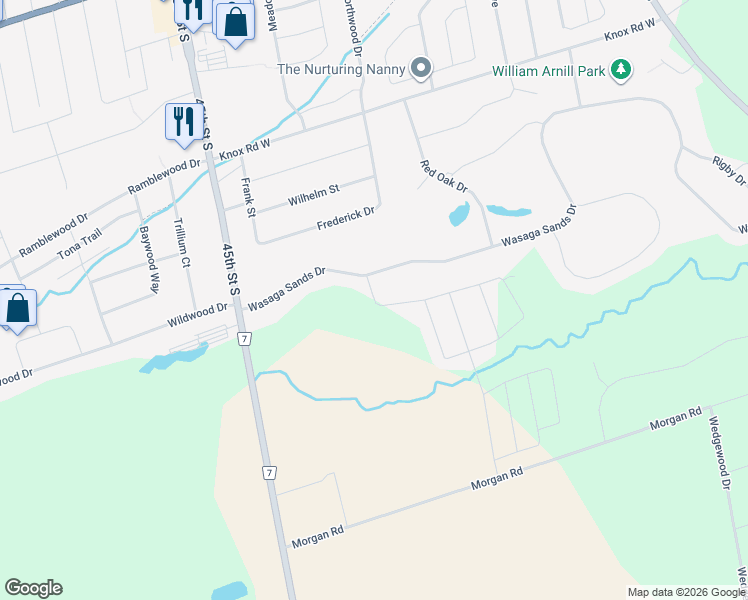 map of restaurants, bars, coffee shops, grocery stores, and more near 85 Pearl Street in Wasaga Beach