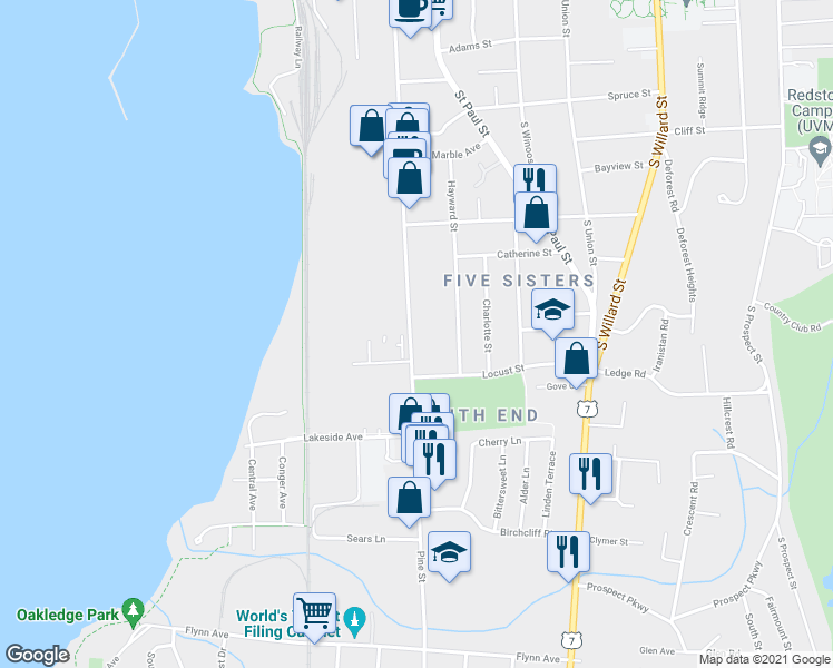 map of restaurants, bars, coffee shops, grocery stores, and more near 6 Pine Street in Burlington