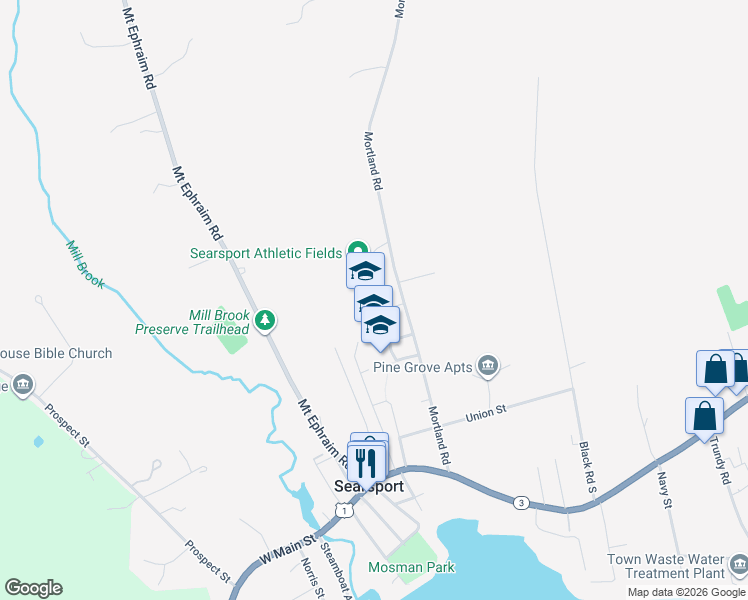 map of restaurants, bars, coffee shops, grocery stores, and more near 30 Mortland Road in Searsport