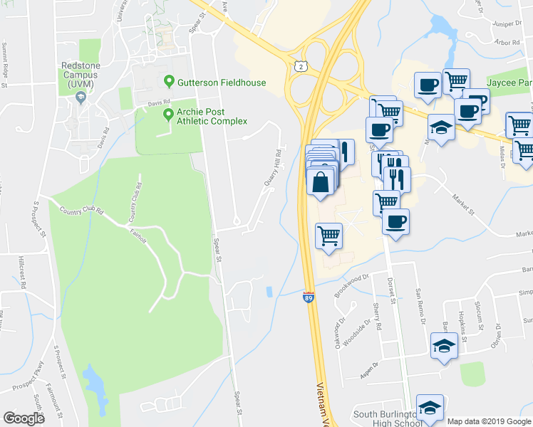 map of restaurants, bars, coffee shops, grocery stores, and more near 152 Quarry Hill Road in South Burlington