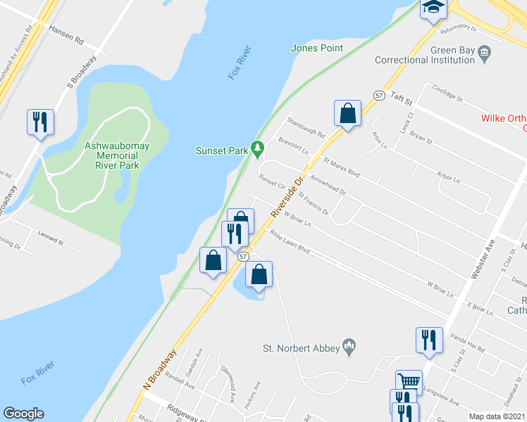 map of restaurants, bars, coffee shops, grocery stores, and more near 600 West Briar Lane in Green Bay
