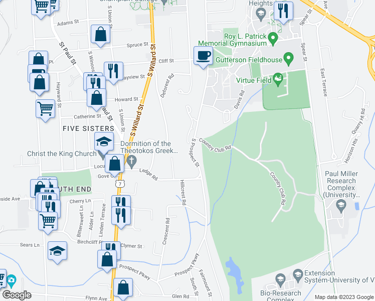 map of restaurants, bars, coffee shops, grocery stores, and more near 587 South Prospect Street in Burlington