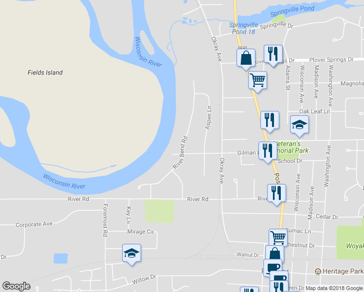 map of restaurants, bars, coffee shops, grocery stores, and more near 2241 River Bend Road in Plover