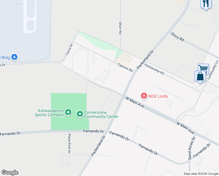 map of restaurants, bars, coffee shops, grocery stores, and more near 1580 West Main Avenue in De Pere