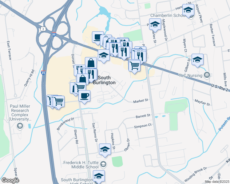 map of restaurants, bars, coffee shops, grocery stores, and more near 303 Market Street in South Burlington