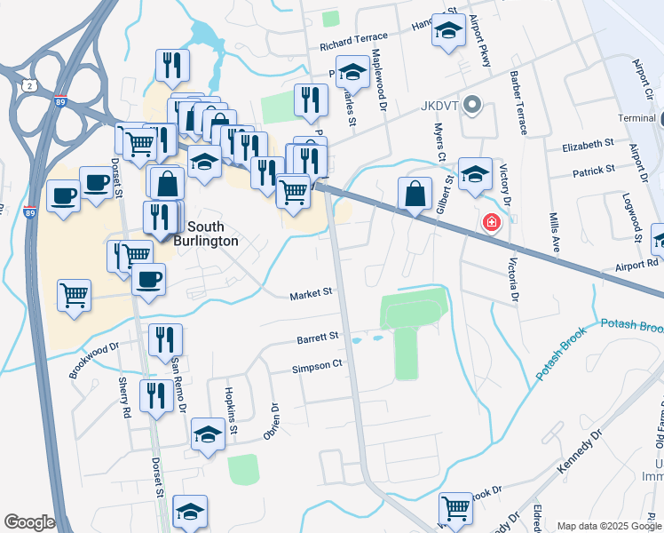 map of restaurants, bars, coffee shops, grocery stores, and more near 97 Hinesburg Road in South Burlington