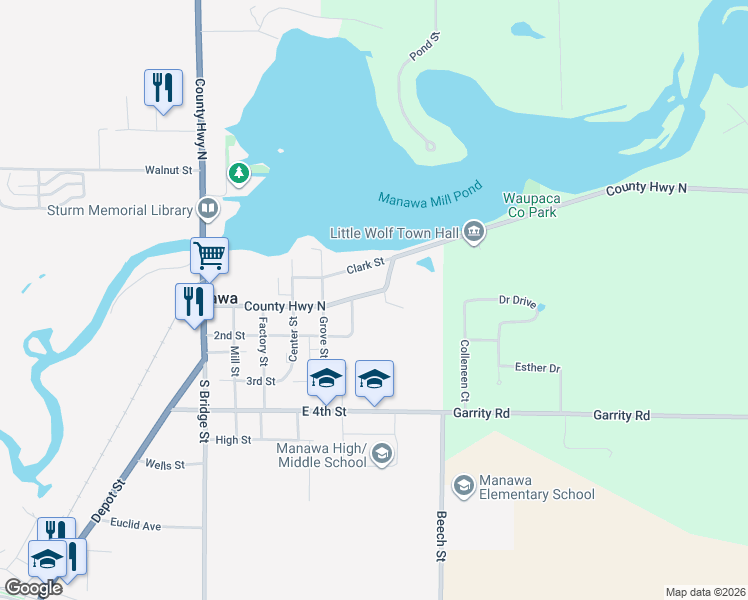 map of restaurants, bars, coffee shops, grocery stores, and more near 627 Union Street in Manawa