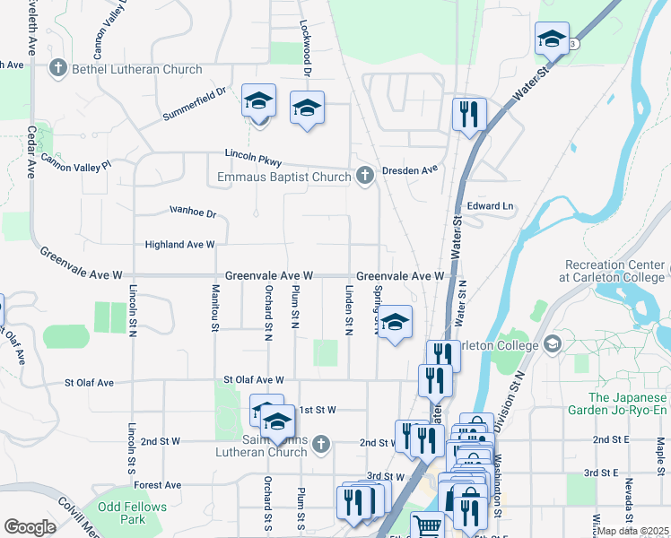 map of restaurants, bars, coffee shops, grocery stores, and more near 406 Greenvale Avenue West in Northfield