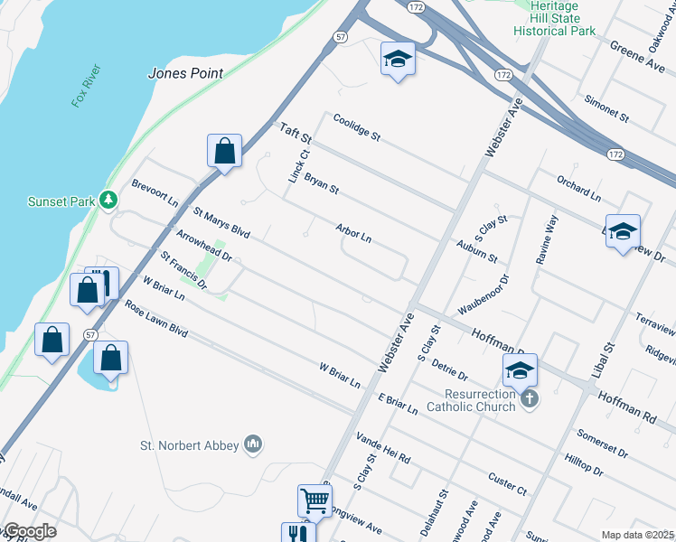 map of restaurants, bars, coffee shops, grocery stores, and more near 205 Rosemont Drive in Allouez