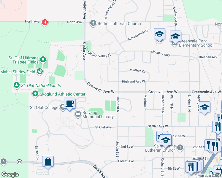 map of restaurants, bars, coffee shops, grocery stores, and more near 1102 Greenvale Avenue West in Northfield