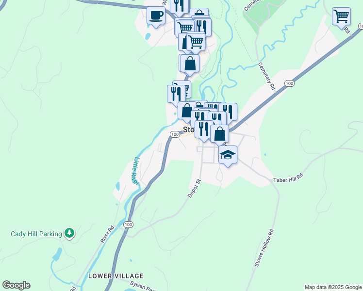 map of restaurants, bars, coffee shops, grocery stores, and more near 50 Highland Avenue in Stowe