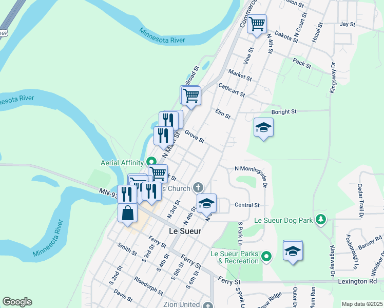 map of restaurants, bars, coffee shops, grocery stores, and more near 221 Church St in Le Sueur