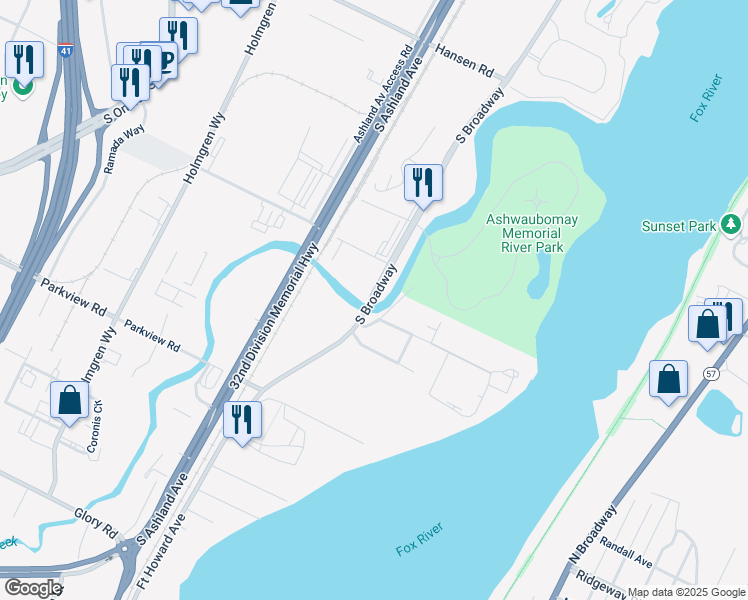 map of restaurants, bars, coffee shops, grocery stores, and more near 2951 South Broadway in Ashwaubenon