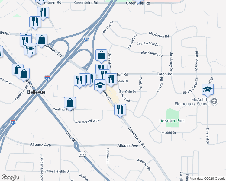 map of restaurants, bars, coffee shops, grocery stores, and more near 2733 7 Manitowoc Road in Green Bay