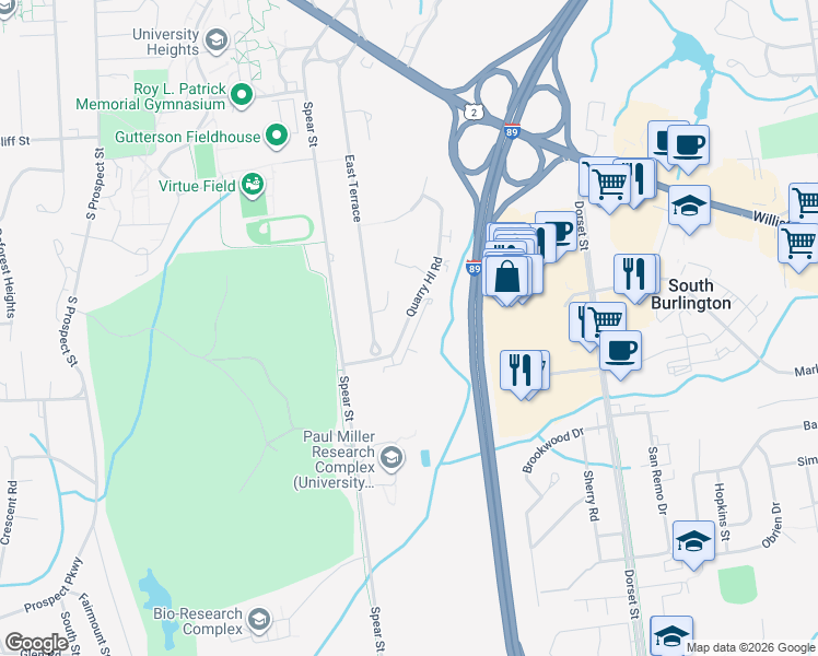 map of restaurants, bars, coffee shops, grocery stores, and more near 152 Quarry Hill Road in South Burlington